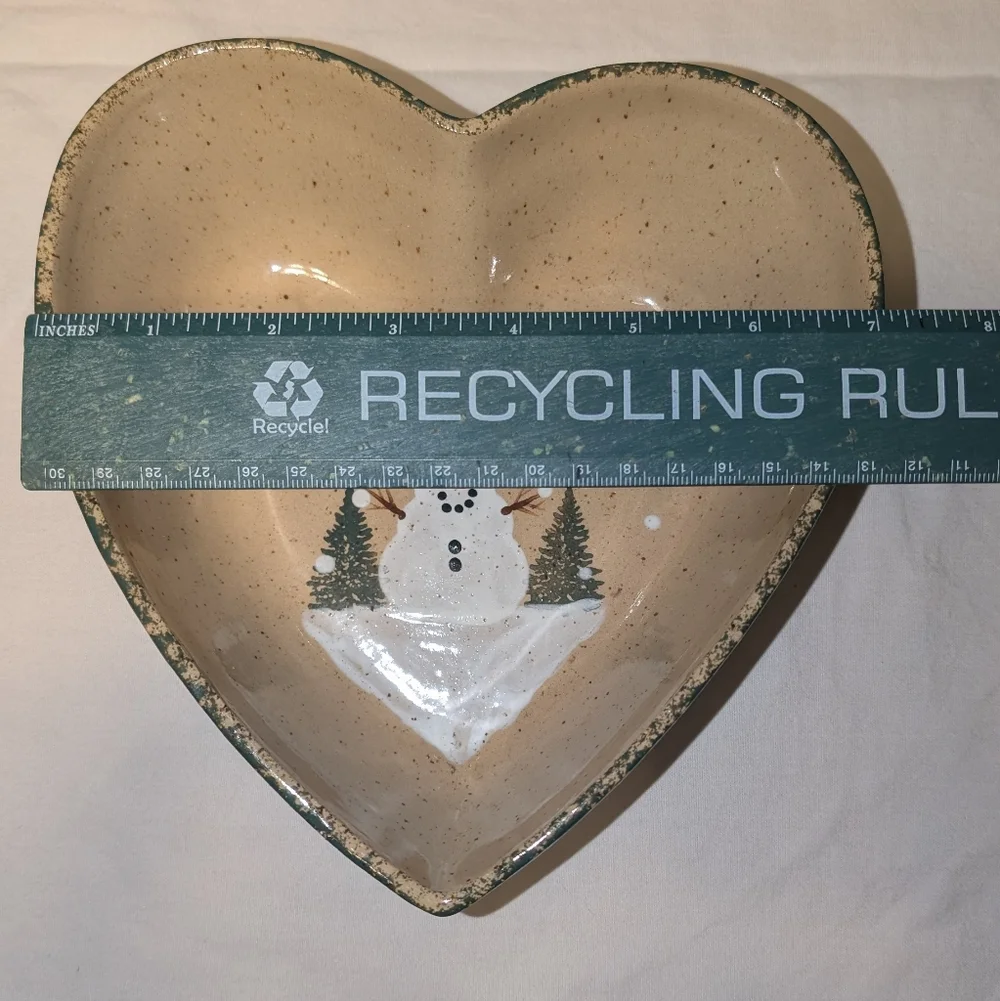 VTG Three Rivers Pottery Winter Heart Shaped Bowl with Cottagecore Snowman